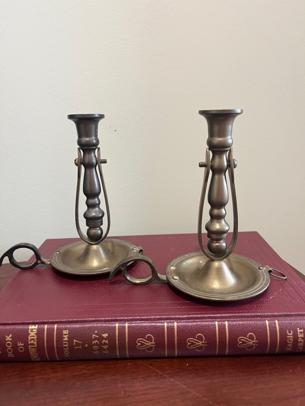 Antique-Style Brass Finish Candlestick Holders - Pair